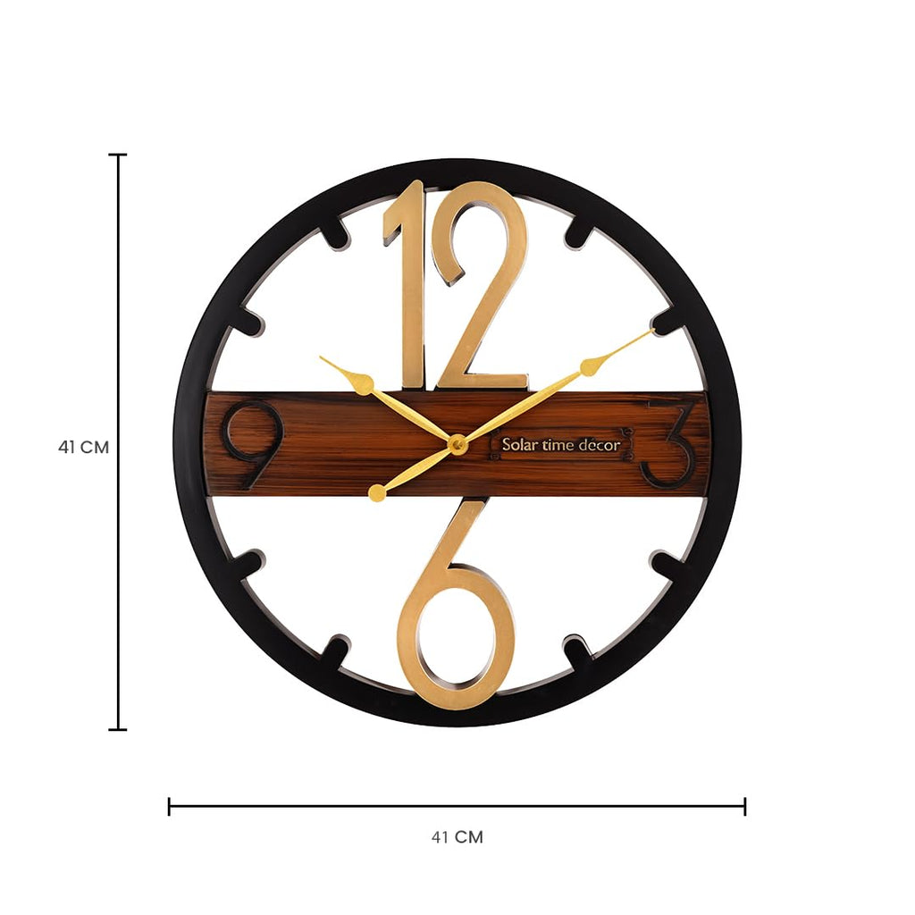 Solar Quartz® 16×16 Inch Designer Decorative Wall Clock | Black & Wood Finish with Golden Numbers (SQ-37)