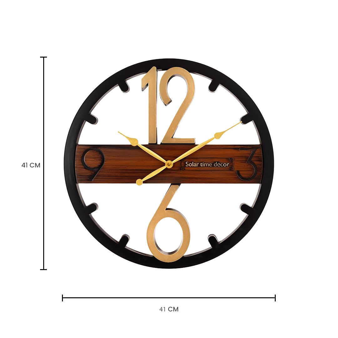 Solar Quartz® 16×16 Inch Designer Decorative Wall Clock | Black & Wood Finish with Golden Numbers (SQ-37)