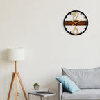 Solar Quartz® 16×16 Inch Designer Decorative Wall Clock | Black & Wood Finish with Golden Numbers (SQ-37)