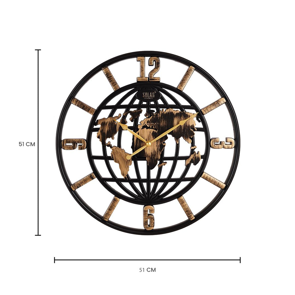 Solar Quartz® 20 Inch World Map Designer Wall Clock | Black & Gold Open Frame Decorative Clock (SQ-35)