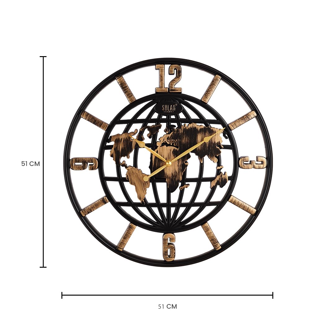 Solar Quartz® 20 Inch World Map Designer Wall Clock | Black & Gold Open Frame Decorative Clock (SQ-35)