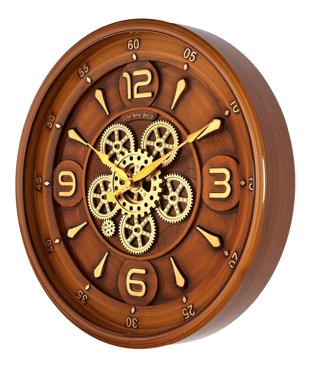 Solar Quartz® 20 Inch Vintage Moving Gear Wall Clock | Wooden Finish Decorative Designer Clock (SQ-55)