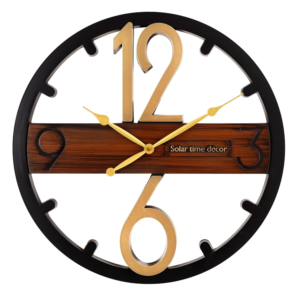 Solar Quartz® 16×16 Inch Designer Decorative Wall Clock | Black & Wood Finish with Golden Numbers (SQ-37)