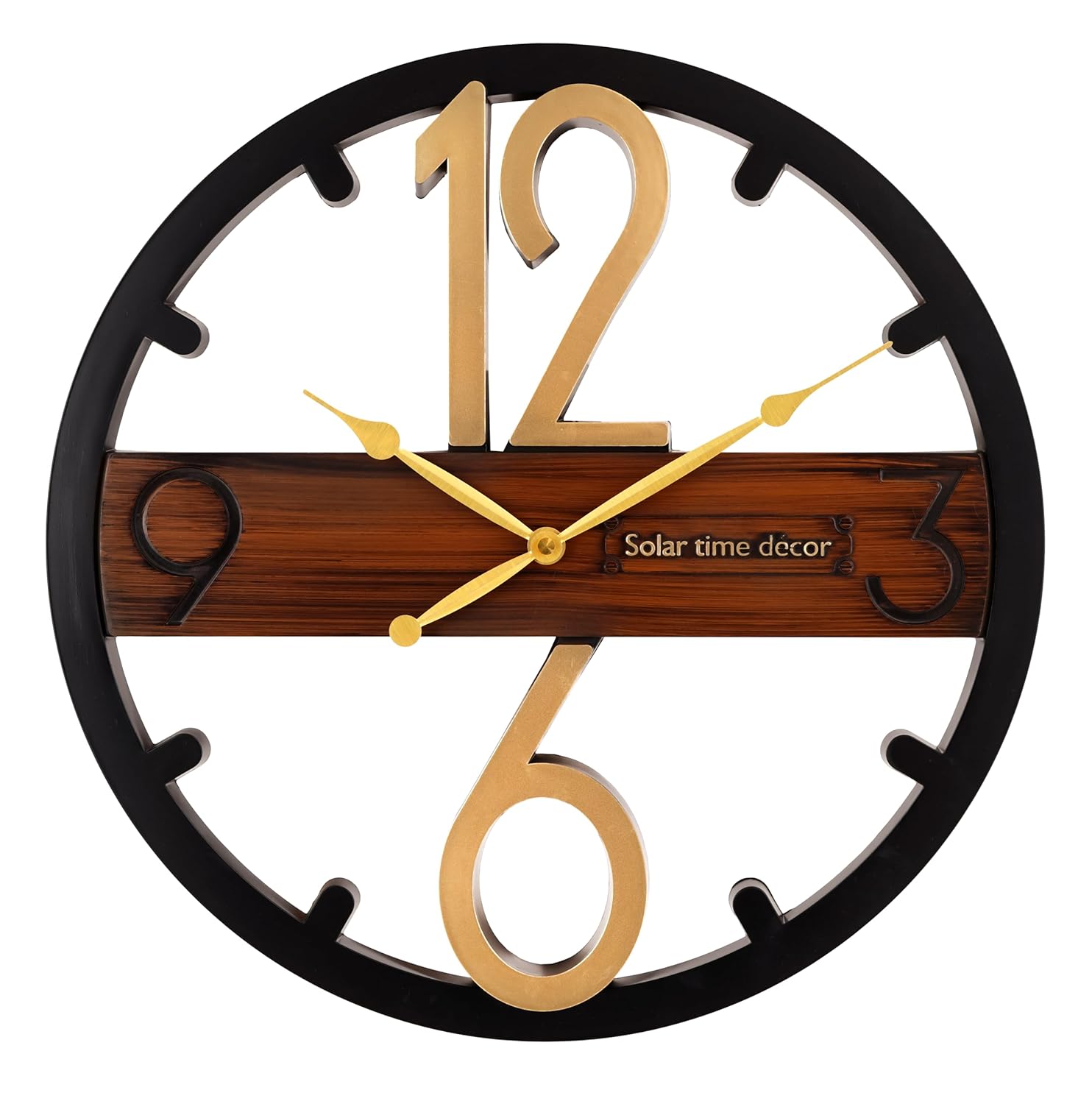 Solar Quartz® 16×16 Inch Designer Decorative Wall Clock | Black & Wood Finish with Golden Numbers (SQ-37)
