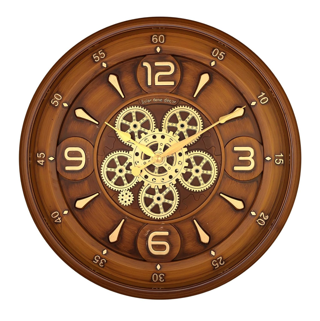 Solar Quartz® 20 Inch Vintage Moving Gear Wall Clock | Wooden Finish Decorative Designer Clock (SQ-55)
